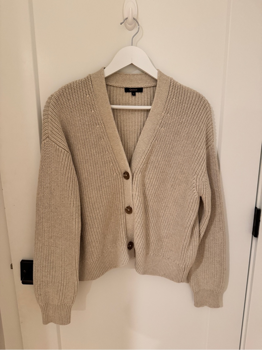 Quince Beige Chunky V-Neck Button Cardigan Sweater